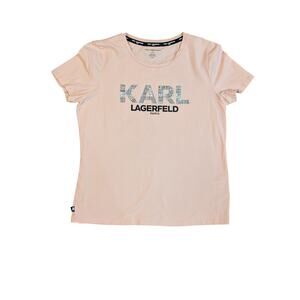 Karl Lagerfeld‎ Paris Blush Pink Logo Tee Shirt Rhinestone Barbiecore Top L